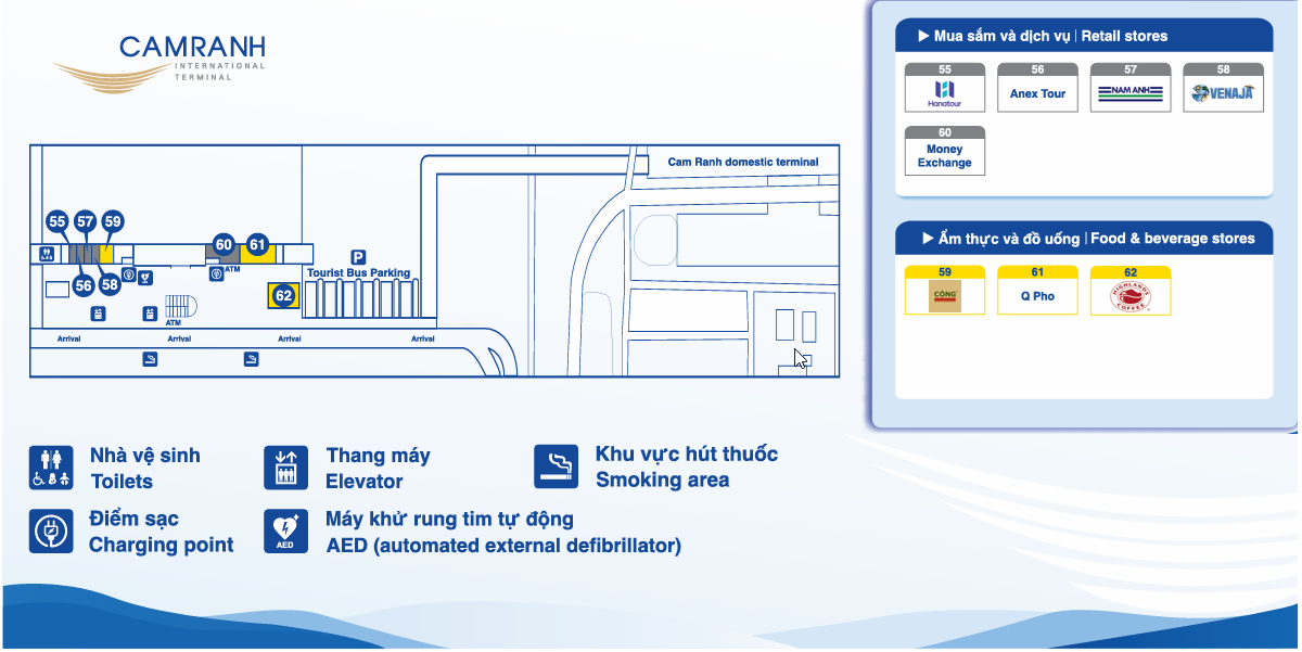 Sơ đồ tầng trệt - khu đất liền, nhà ga quốc tế Cam Ranh